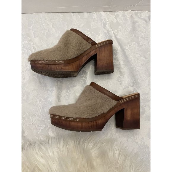 Korks Lori Clogs Mules 9M Taupe Faux Fur Slip On Block Heel Platform Y2K 90’s - Picture 11 of 12